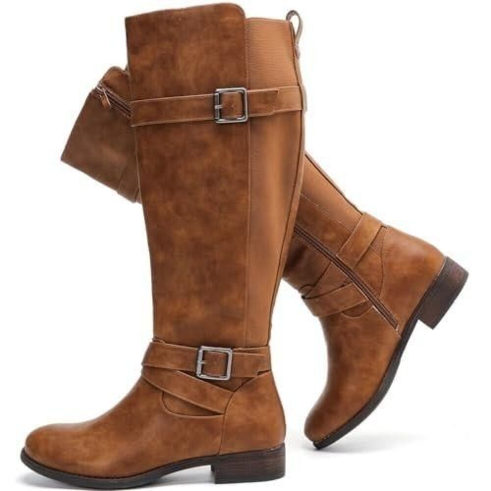 Women's Brown Round Toe Knee High Wide Calf Riding Boots 7W NEW